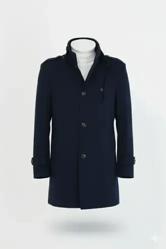 Men's Navy Slim Fit Stand Collar Long Wool Blend Overcoat-Navy - 1
