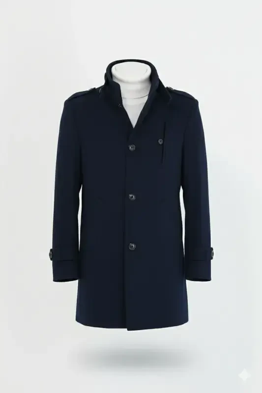 Men's Navy Slim Fit Stand Collar Long Wool Blend Overcoat-Navy - 1