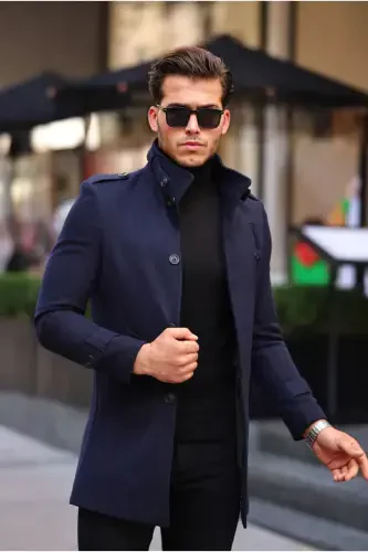 Men's Navy Slim Fit Stand Collar Long Wool Blend Overcoat-Navy - 2