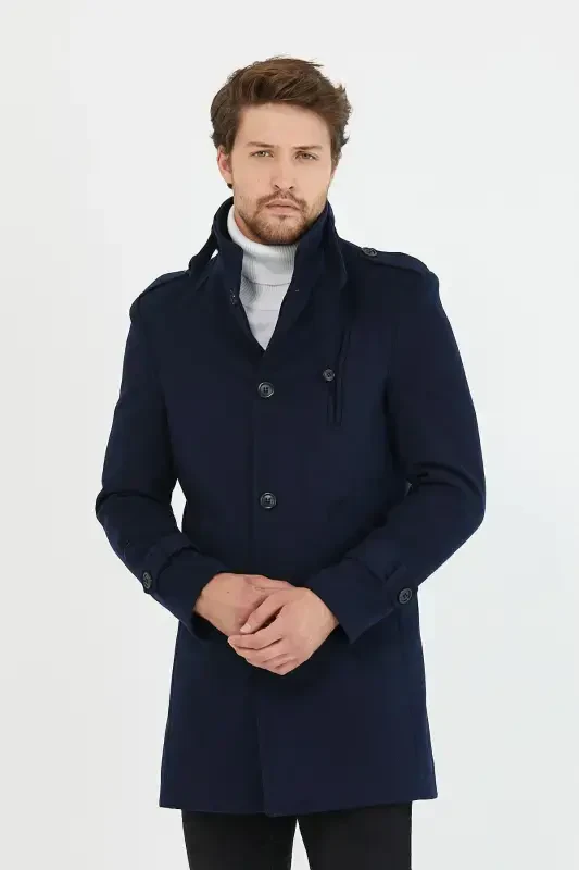 Men's Navy Slim Fit Stand Collar Long Wool Blend Overcoat-Navy - 5