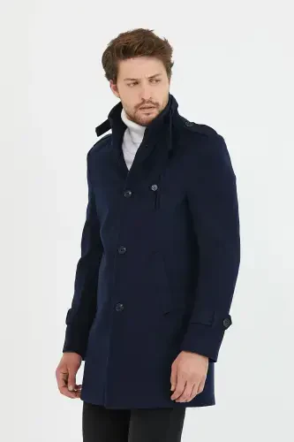 Men's Navy Slim Fit Stand Collar Long Wool Blend Overcoat-Navy - 6