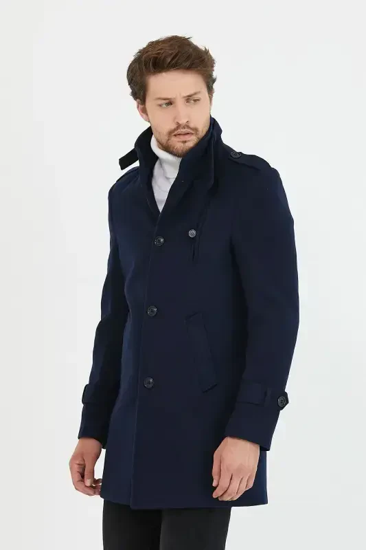 Men's Navy Slim Fit Stand Collar Long Wool Blend Overcoat-Navy - 6