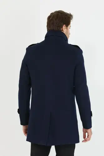 Men's Navy Slim Fit Stand Collar Long Wool Blend Overcoat-Navy - 7