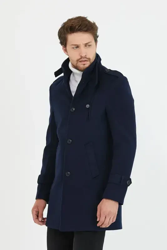Men's Navy Slim Fit Stand Collar Long Wool Blend Overcoat-Navy - MERO LIFE