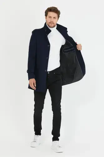 Men's Navy Slim Fit Stand Collar Long Wool Blend Overcoat-Navy - MERO LIFE (1)