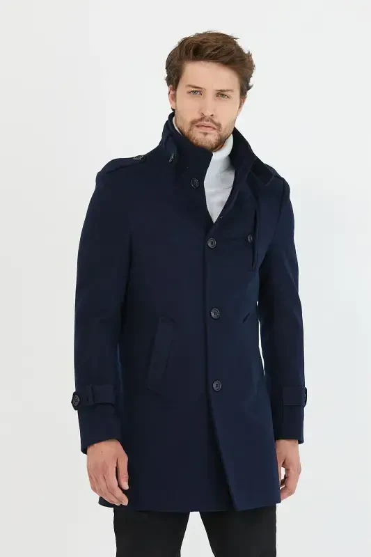 Men's Navy Slim Fit Stand Collar Long Wool Blend Overcoat-Navy - 3