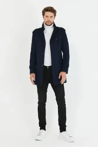 Men's Navy Slim Fit Stand Collar Long Wool Blend Overcoat-Navy - 4