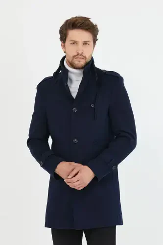 Men's Navy Slim Fit Stand Collar Long Wool Blend Overcoat-Navy - 5