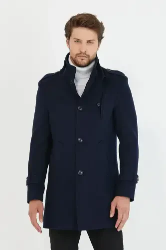 Men's Navy Slim Fit Stand Collar Long Wool Blend Overcoat-Navy - 6