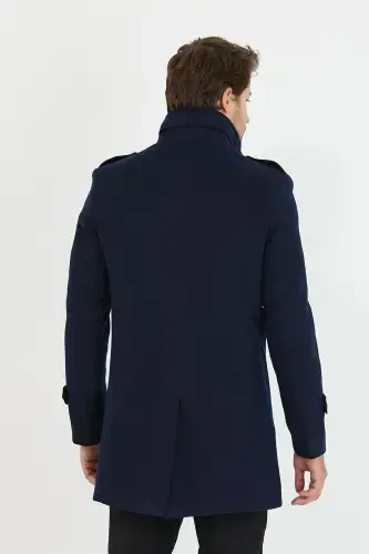 Men's Navy Slim Fit Stand Collar Long Wool Blend Overcoat-Navy - 7