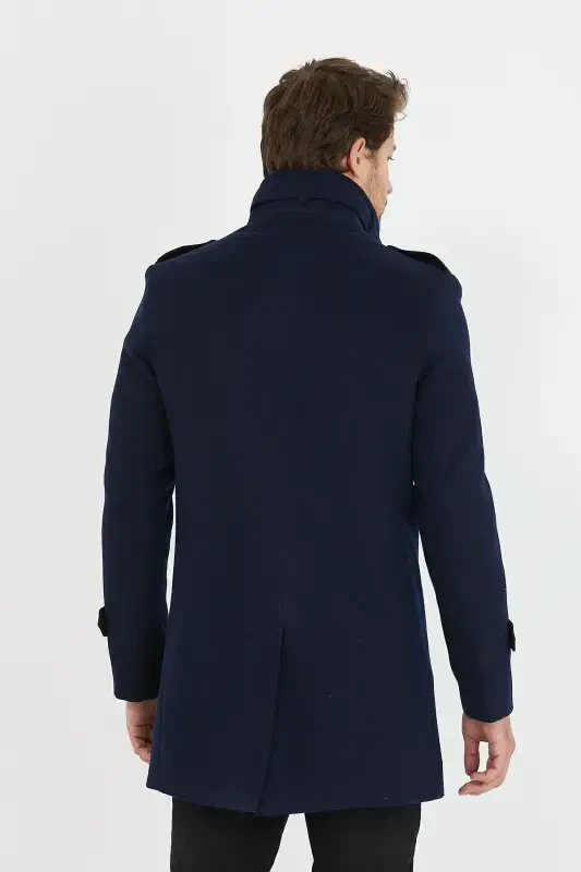 Men's Navy Slim Fit Stand Collar Long Wool Blend Overcoat-Navy - 7