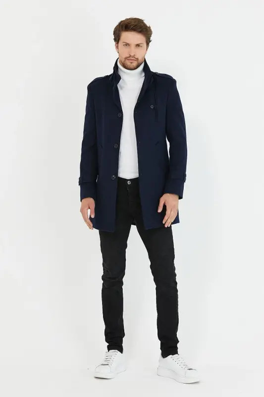 Men's Navy Slim Fit Stand Collar Long Wool Blend Overcoat-Navy - 4