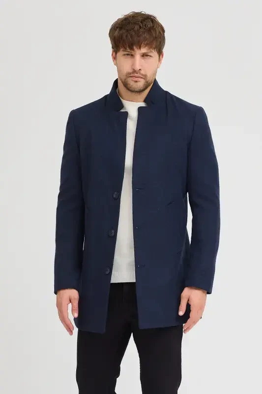 Men's Navy Slim Fit Stand-up Collar Wool Coat-Navy - 1