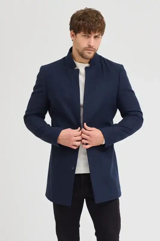 Men's Navy Slim Fit Stand-up Collar Wool Coat-Navy - 3