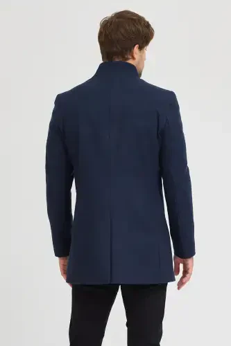 Men's Navy Slim Fit Stand-up Collar Wool Coat-Navy - 8