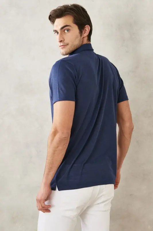 Men's Navy Slim Fit Tapered Polo Collar Plain Casual T-Shirt - MODAZONE