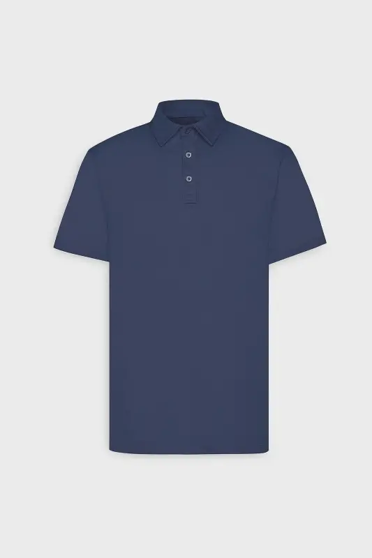 Men's Navy Slim Fit Tapered Polo Collar Plain Casual T-Shirt - 2