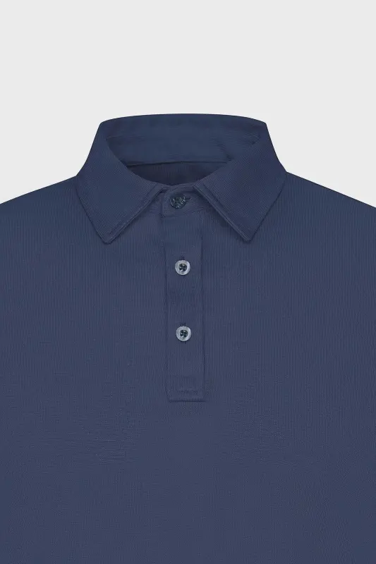 Men's Navy Slim Fit Tapered Polo Collar Plain Casual T-Shirt - 3