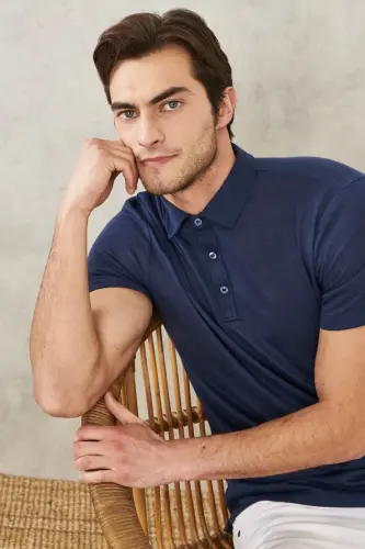 Men's Navy Slim Fit Tapered Polo Collar Plain Casual T-Shirt - 5