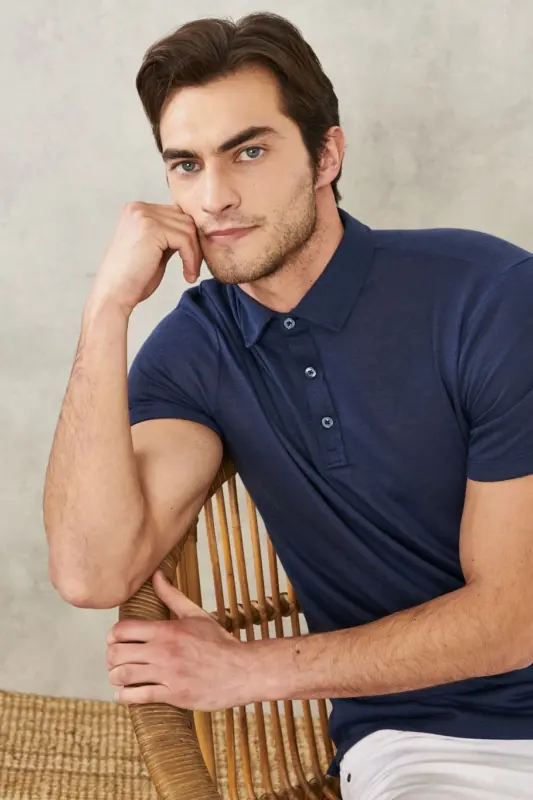 Men's Navy Slim Fit Tapered Polo Collar Plain Casual T-Shirt - 5