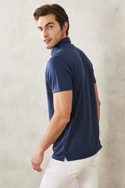 Men's Navy Slim Fit Tapered Polo Collar Plain Casual T-Shirt - 8