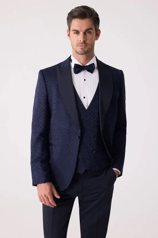 Men's Navy Slim Fit Tuxedo with Swallowtail Collar Pattern - 1