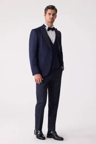 Men's Navy Slim Fit Tuxedo with Swallowtail Collar Pattern - 4