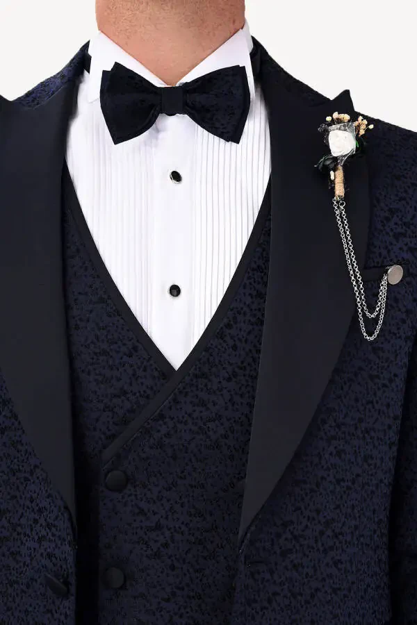 Men's Navy Slim Fit Tuxedo with Swallowtail Collar Pattern - 5