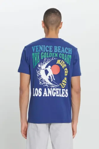 Men's Navy Standard Fit Regular Cut 100% Cotton Printed Crew Neck T-Shirt - 7
