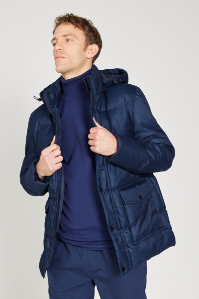 Men's Navy Standard Fit Regular Cut Hooded Coat - 13