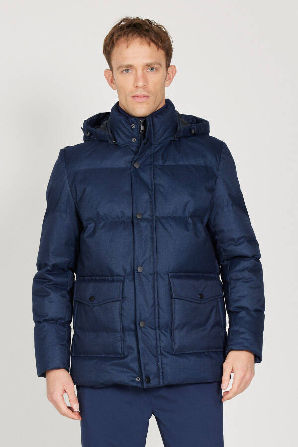 Men's Navy Standard Fit Regular Cut Hooded Coat - 15