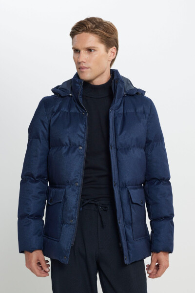 Men's Navy Standard Fit Regular Cut Hooded Coat - 3