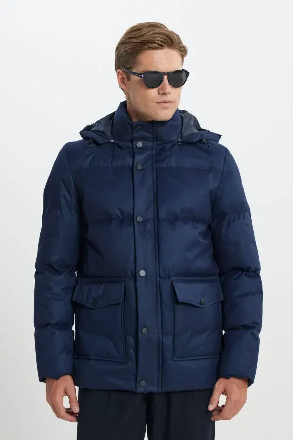 Men's Navy Standard Fit Regular Cut Hooded Coat - 1