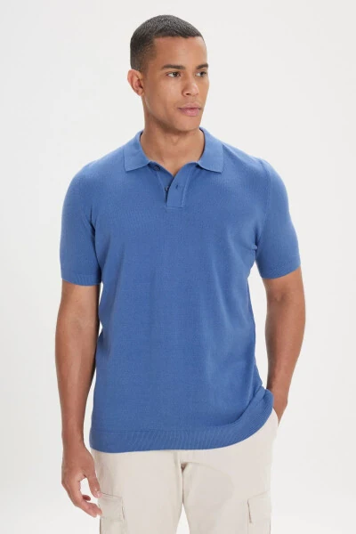 Men's Navy Standard Fit Regular Cut Polo Neck 100% Cotton Patterned Short Sleeve Knitted T-Shirt - AC&CO / ALTINYILDIZ CLASSICS