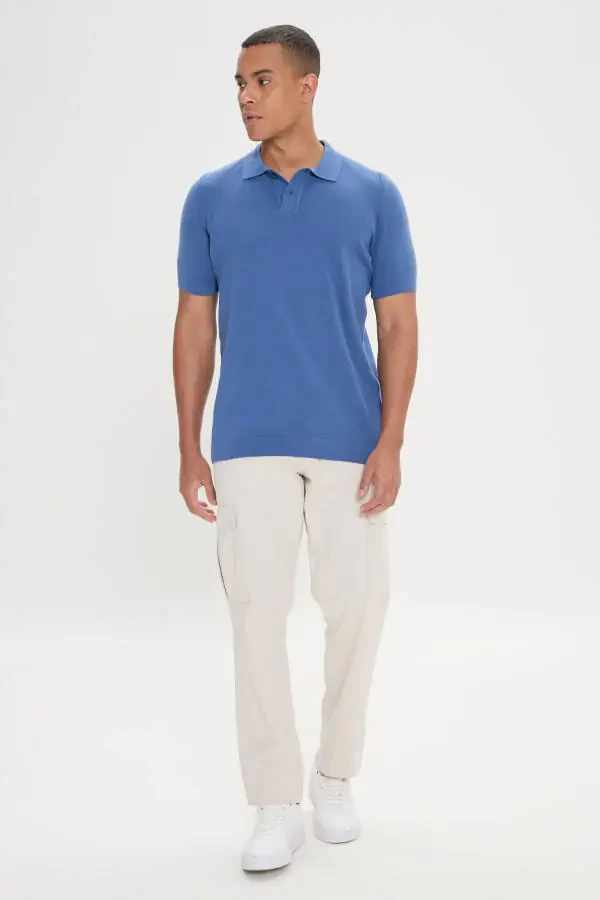 Men's Navy Standard Fit Regular Cut Polo Neck 100% Cotton Patterned Short Sleeve Knitted T-Shirt - 2