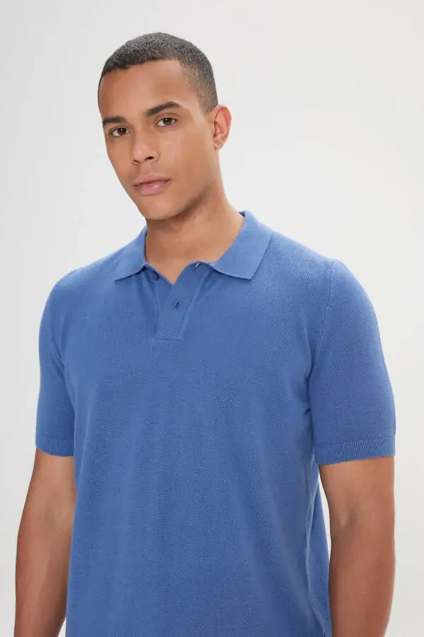 Men's Navy Standard Fit Regular Cut Polo Neck 100% Cotton Patterned Short Sleeve Knitted T-Shirt - 3