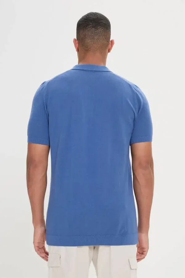 Men's Navy Standard Fit Regular Cut Polo Neck 100% Cotton Patterned Short Sleeve Knitted T-Shirt - 4