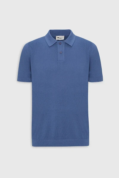 Men's Navy Standard Fit Regular Cut Polo Neck 100% Cotton Patterned Short Sleeve Knitted T-Shirt - 5