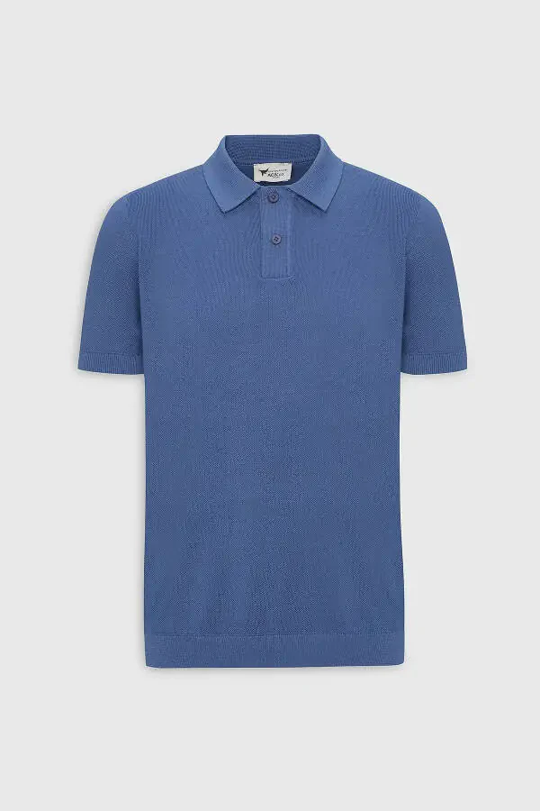 Men's Navy Standard Fit Regular Cut Polo Neck 100% Cotton Patterned Short Sleeve Knitted T-Shirt - 5