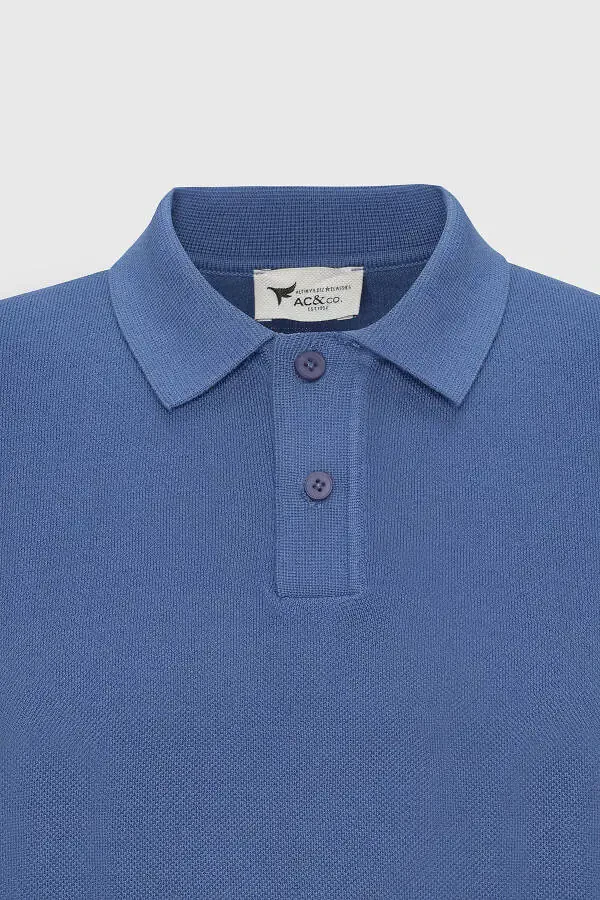 Men's Navy Standard Fit Regular Cut Polo Neck 100% Cotton Patterned Short Sleeve Knitted T-Shirt - 6