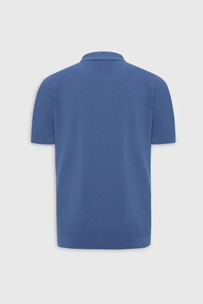 Men's Navy Standard Fit Regular Cut Polo Neck 100% Cotton Patterned Short Sleeve Knitted T-Shirt - 8