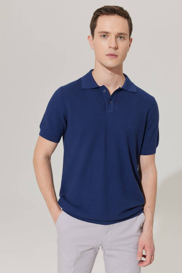 Men's Navy Standard Fit Regular Cut Polo Neck 100% Cotton Short Sleeve Knitted T-Shirt - 1