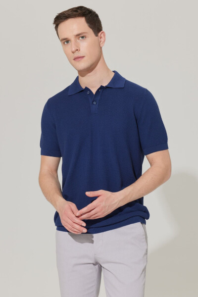 Men's Navy Standard Fit Regular Cut Polo Neck 100% Cotton Short Sleeve Knitted T-Shirt - 5