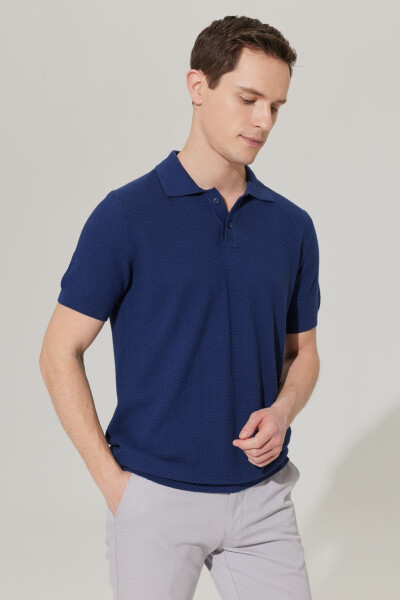 Men's Navy Standard Fit Regular Cut Polo Neck 100% Cotton Short Sleeve Knitted T-Shirt - 7