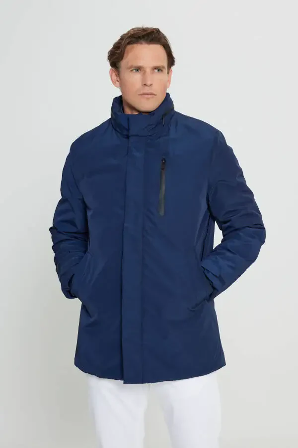 Men's Navy Standard Fit Regular Fit Removable Hooded Body Temperature Measuring Thermometer Coat - 4