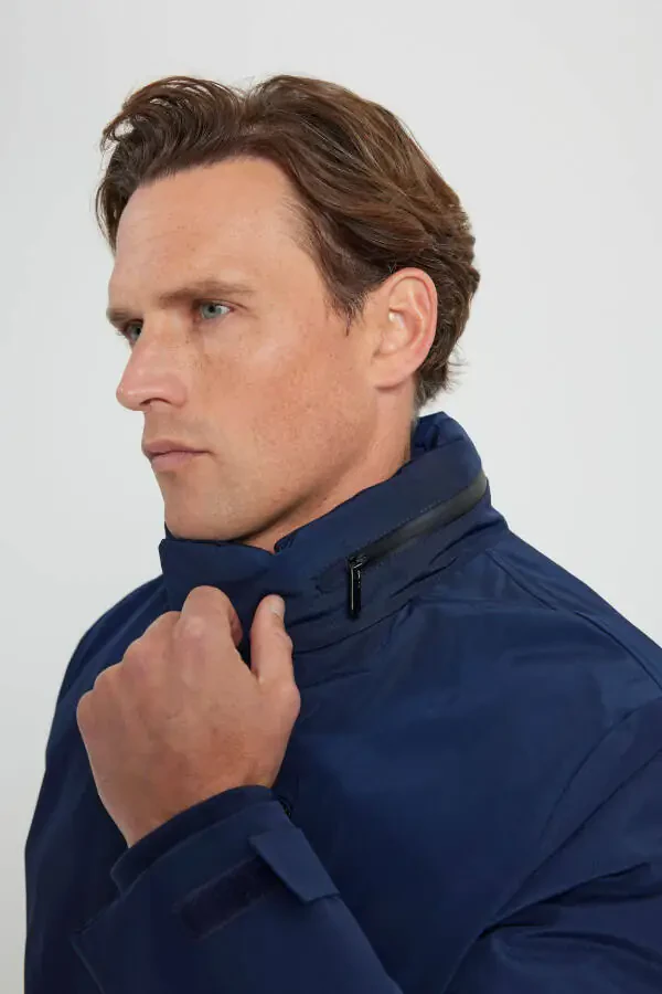 Men's Navy Standard Fit Regular Fit Removable Hooded Body Temperature Measuring Thermometer Coat - 6