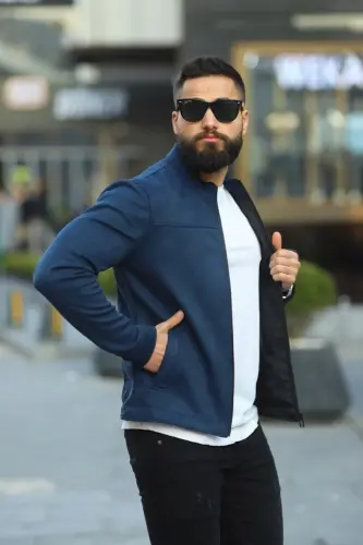 Men's Navy Suede Spring Jacket-Navy 