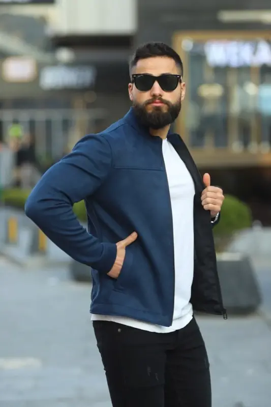 Men's Navy Suede Spring Jacket-Navy - 1