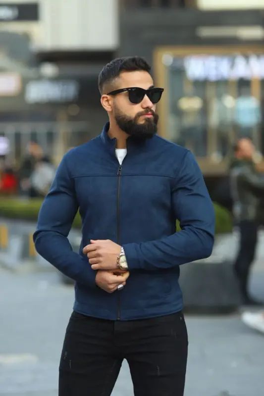 Men's Navy Suede Spring Jacket-Navy - 2