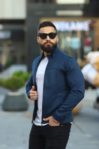 Men's Navy Suede Spring Jacket-Navy - 3